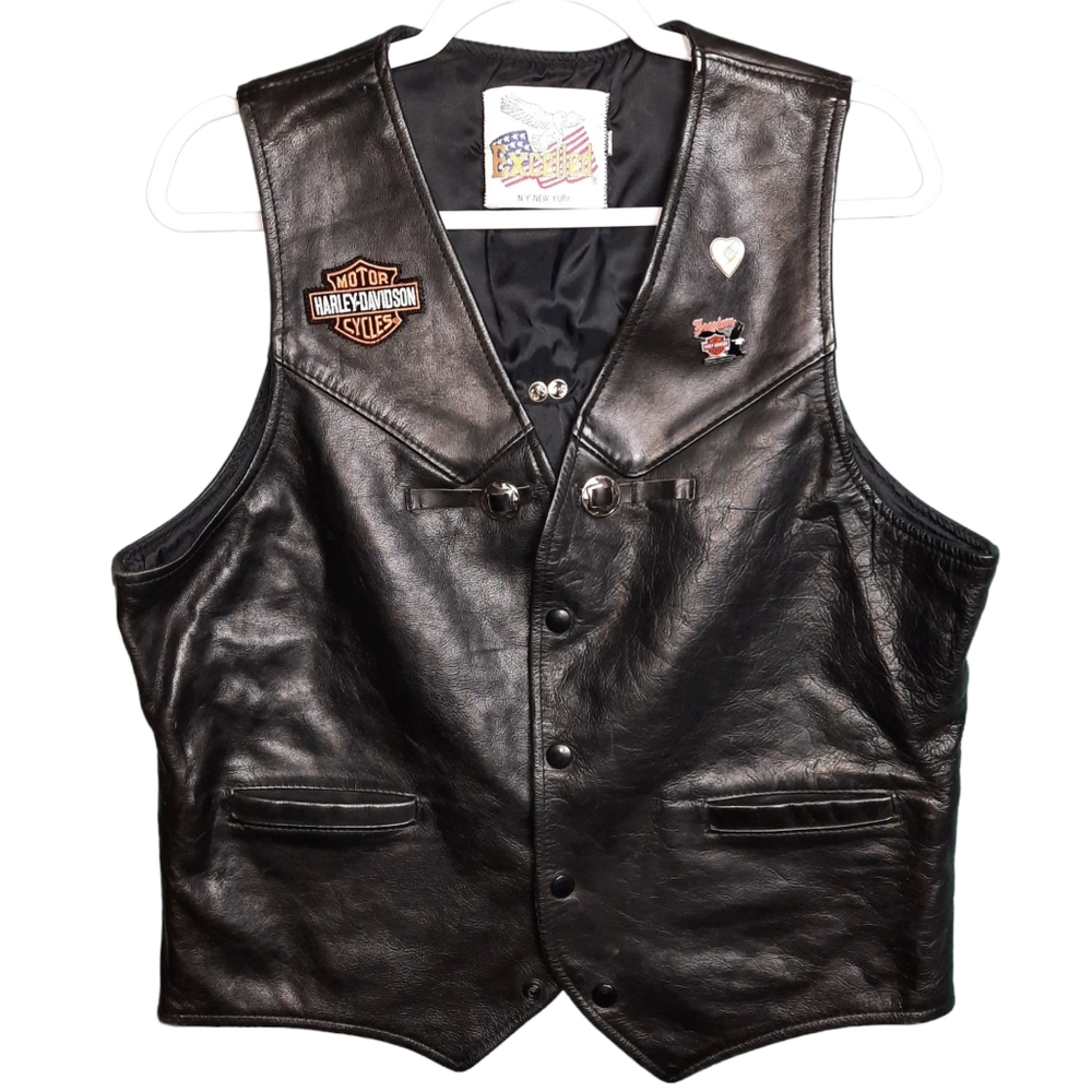 Excelled Vintage Black Leather Harley-Davidson Biker Vest SZ M